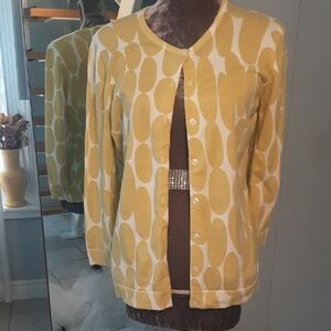 PRETTY🍋ANN TAYLOR LIME&White Patterned 100% COTTON CardiganSZ L 19"PTP +Stretch